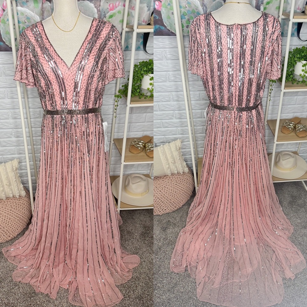 NWT Mac Duggal 5444 Deep V-Neck Rose Pink Sequin Long Gown - Picture 3 of 12